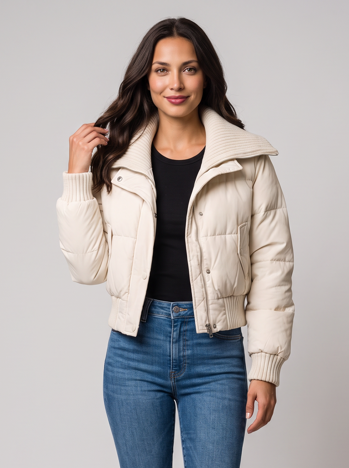 Women's Cropped Puffer Jacket – Ribbed Collar Zip Up