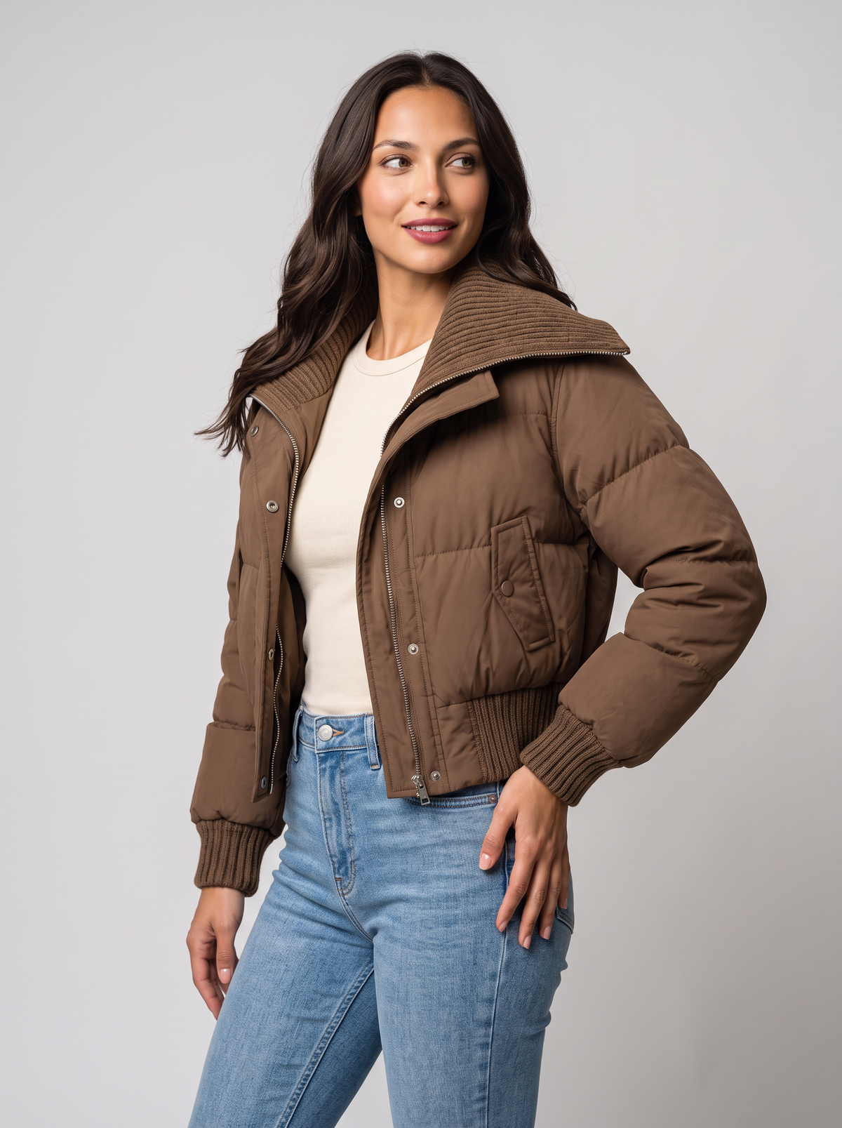 Women's Cropped Puffer Jacket – Ribbed Collar Zip Up