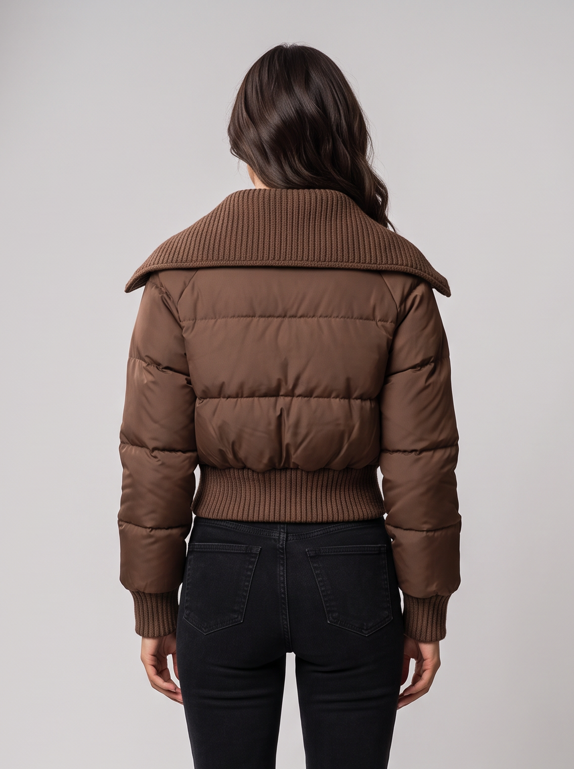 Women's Cropped Puffer Jacket – Ribbed Collar Zip Up