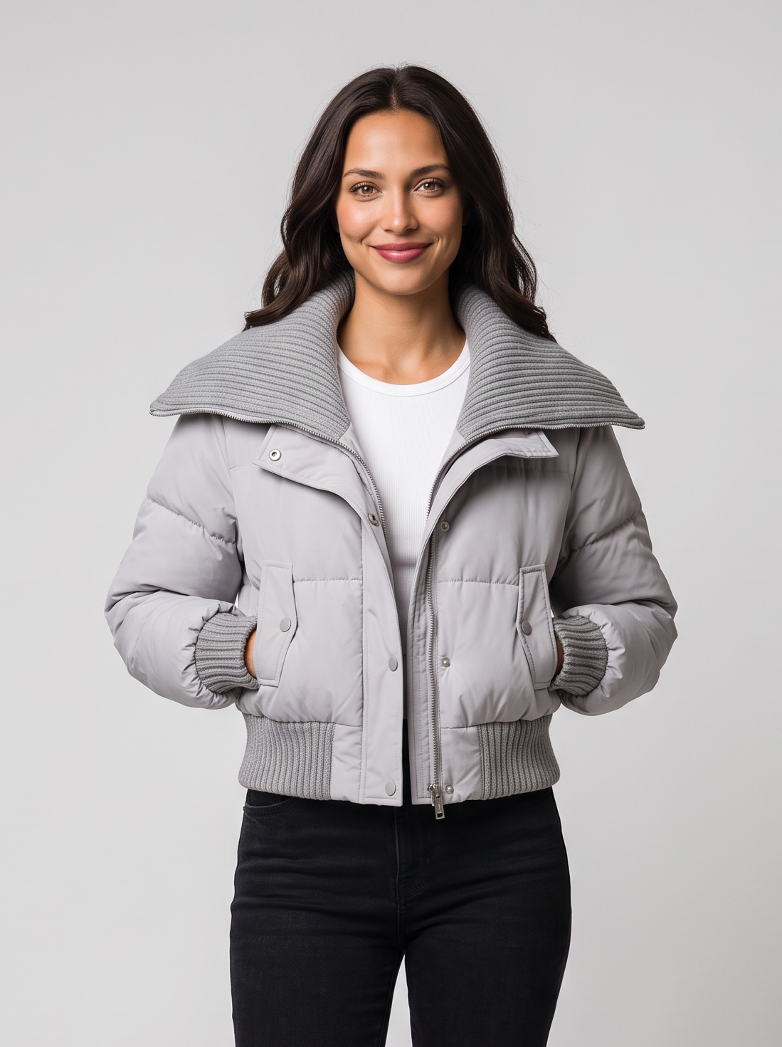 Women's Cropped Puffer Jacket – Ribbed Collar Zip Up