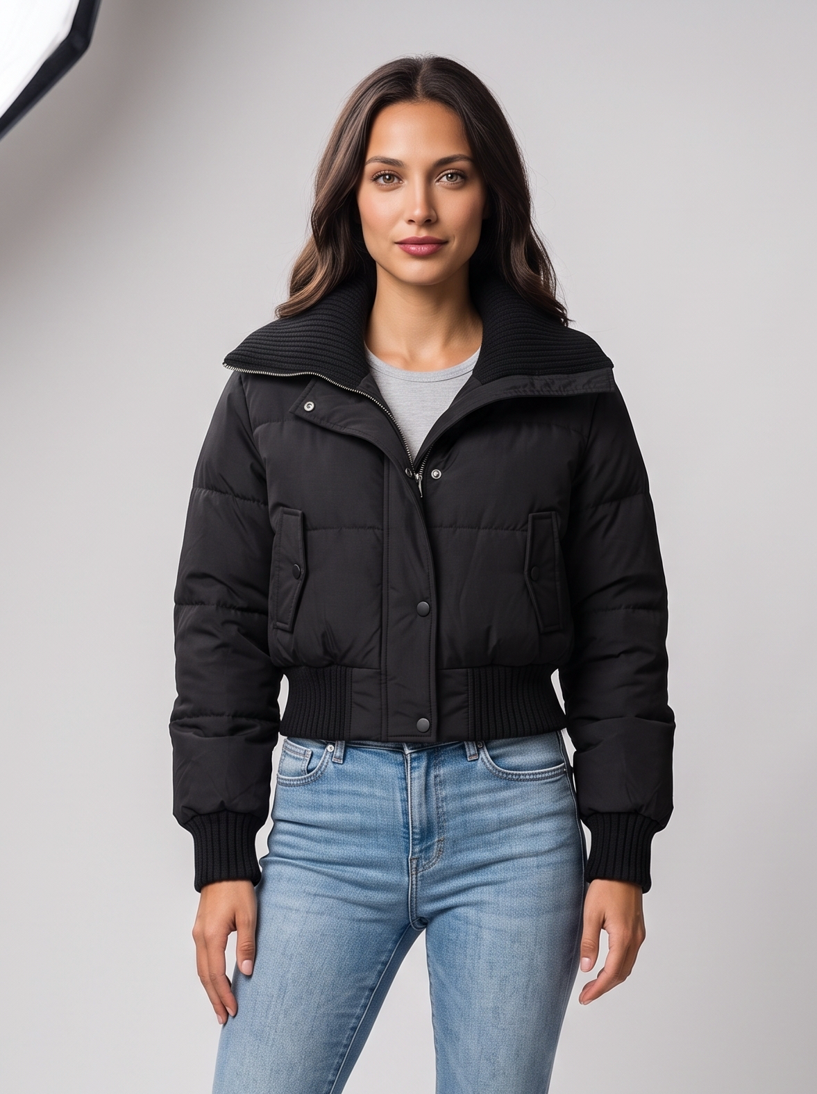 Women's Cropped Puffer Jacket – Ribbed Collar Zip Up
