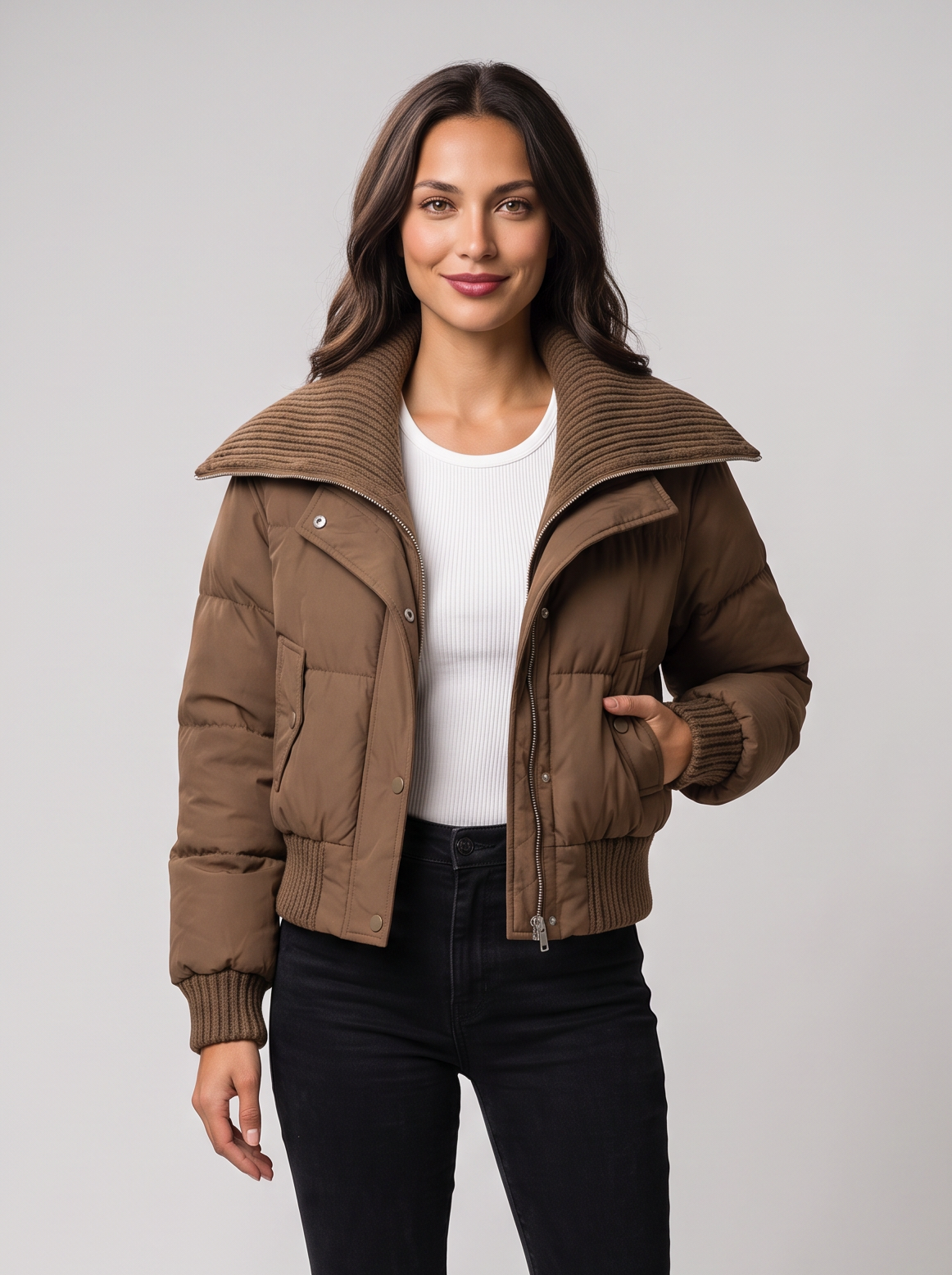 Women's Cropped Puffer Jacket – Ribbed Collar Zip Up