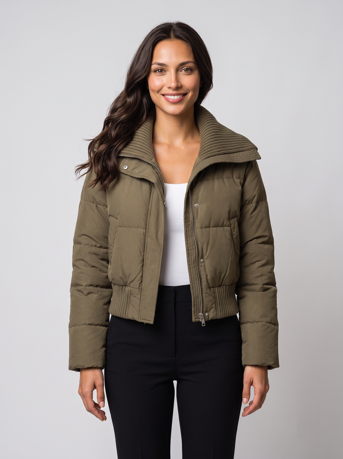Women's Cropped Puffer Jacket – Ribbed Collar Zip Up