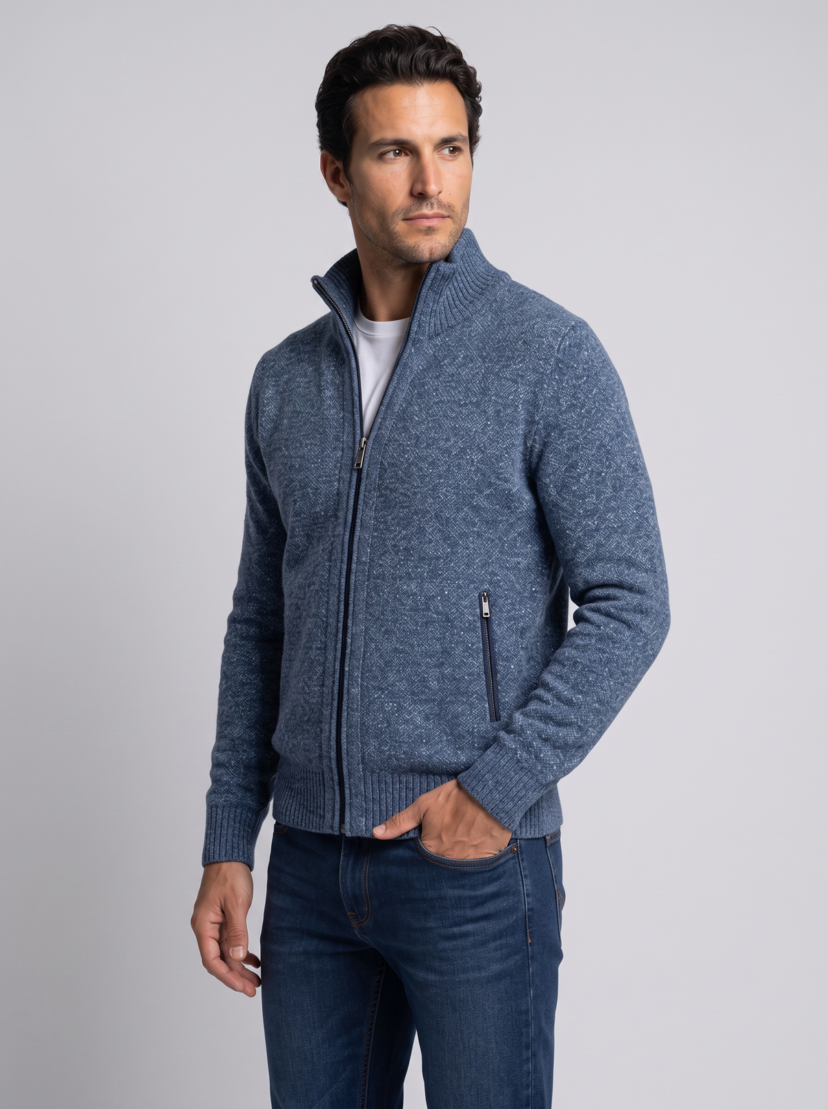 Men's Merino Wool Zip Up Cardigan – High Neck Knit
