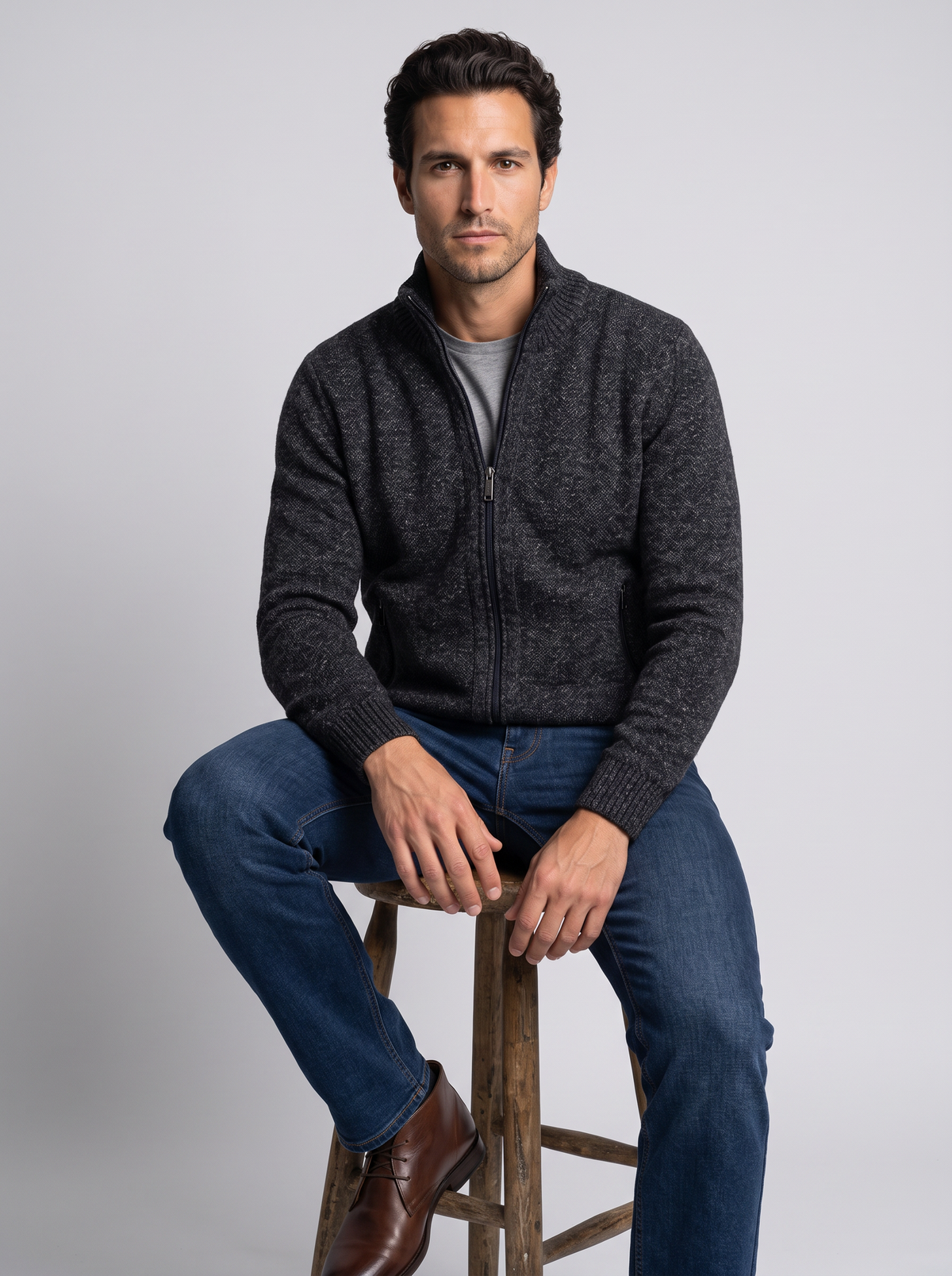 Men's Merino Wool Zip Up Cardigan – High Neck Knit