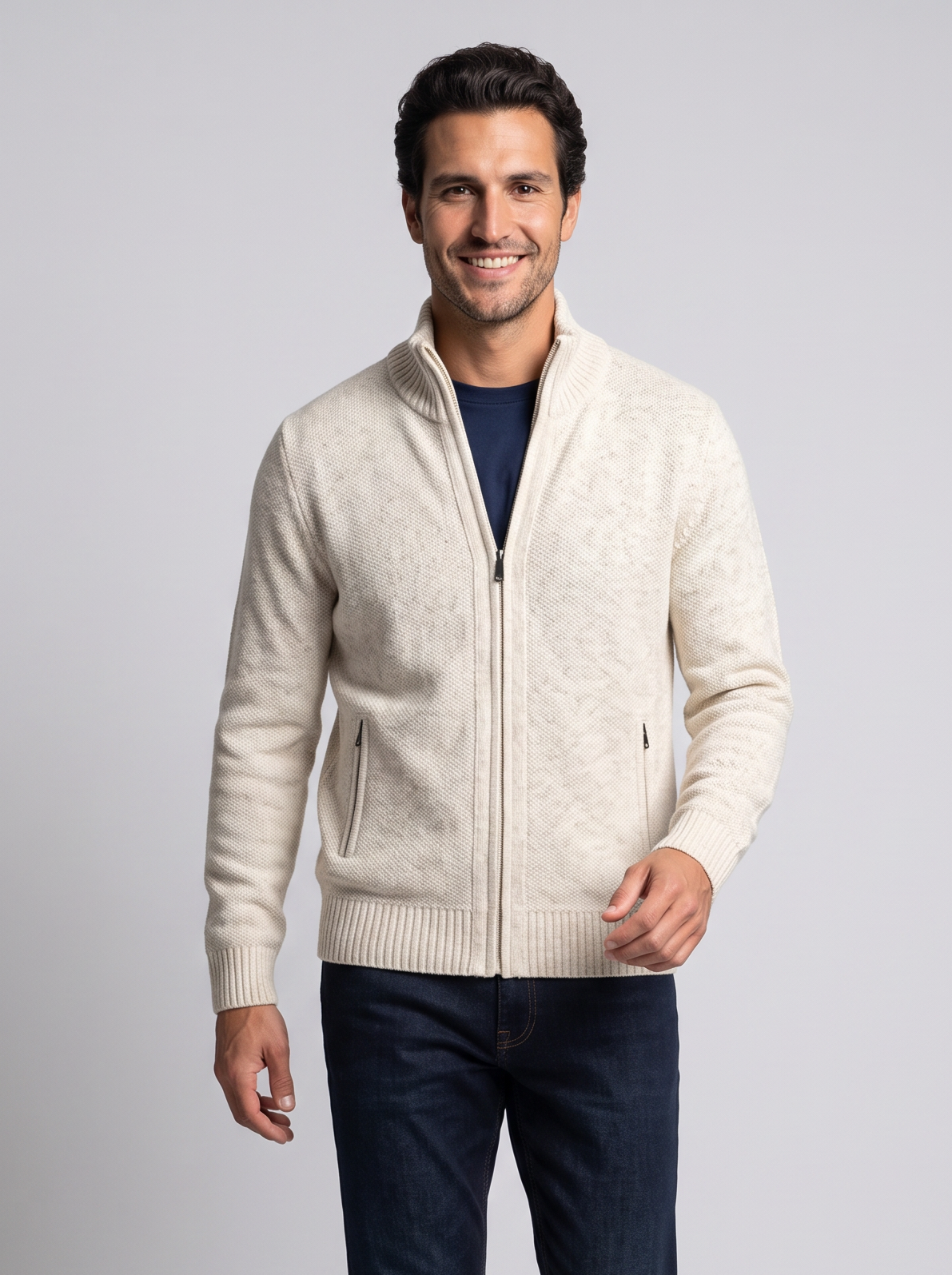 Men's Merino Wool Zip Up Cardigan – High Neck Knit