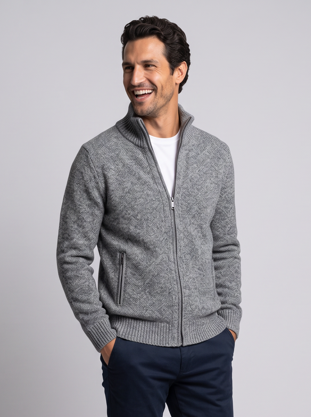 Men's Merino Wool Zip Up Cardigan – High Neck Knit