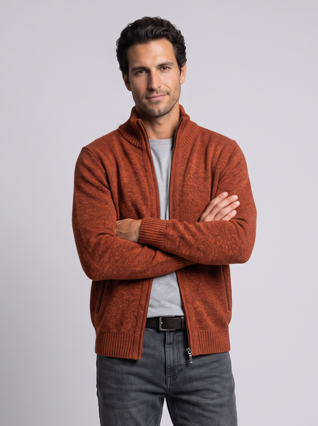 Men's Merino Wool Zip Up Cardigan – High Neck Knit