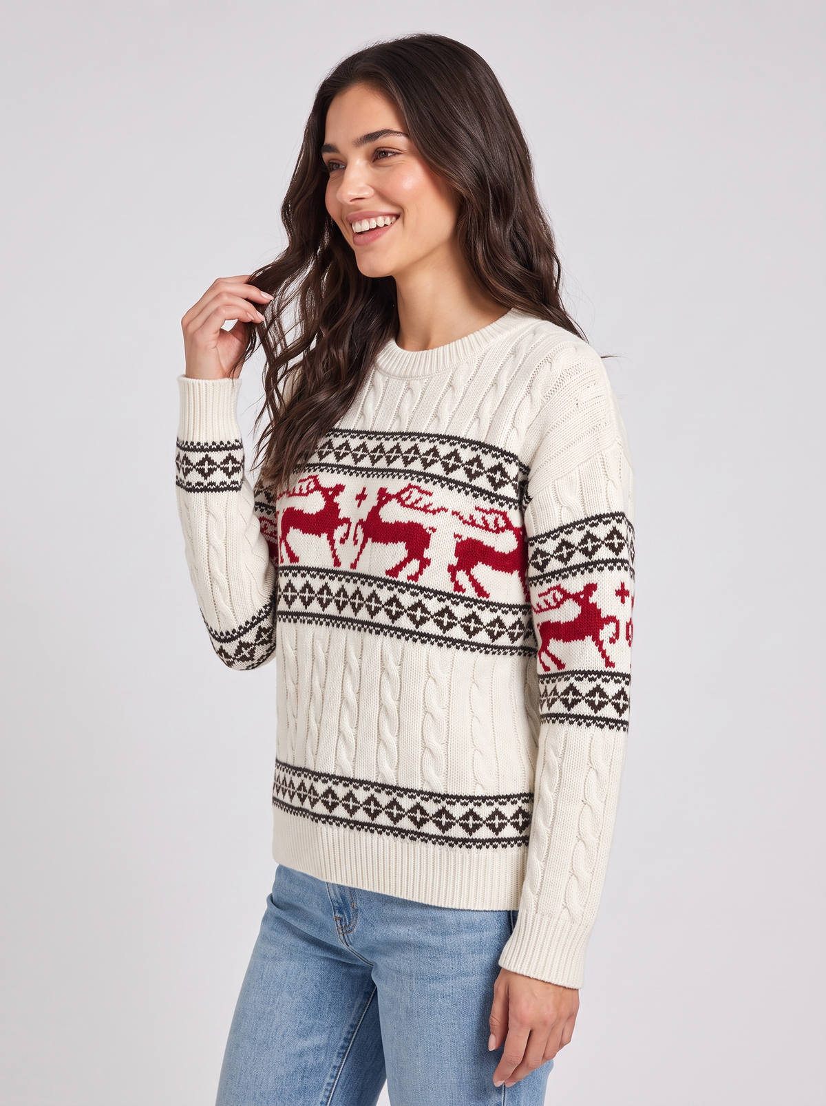 Women's Aran Cable Knit Christmas Jumper – Reindeer Fair Isle