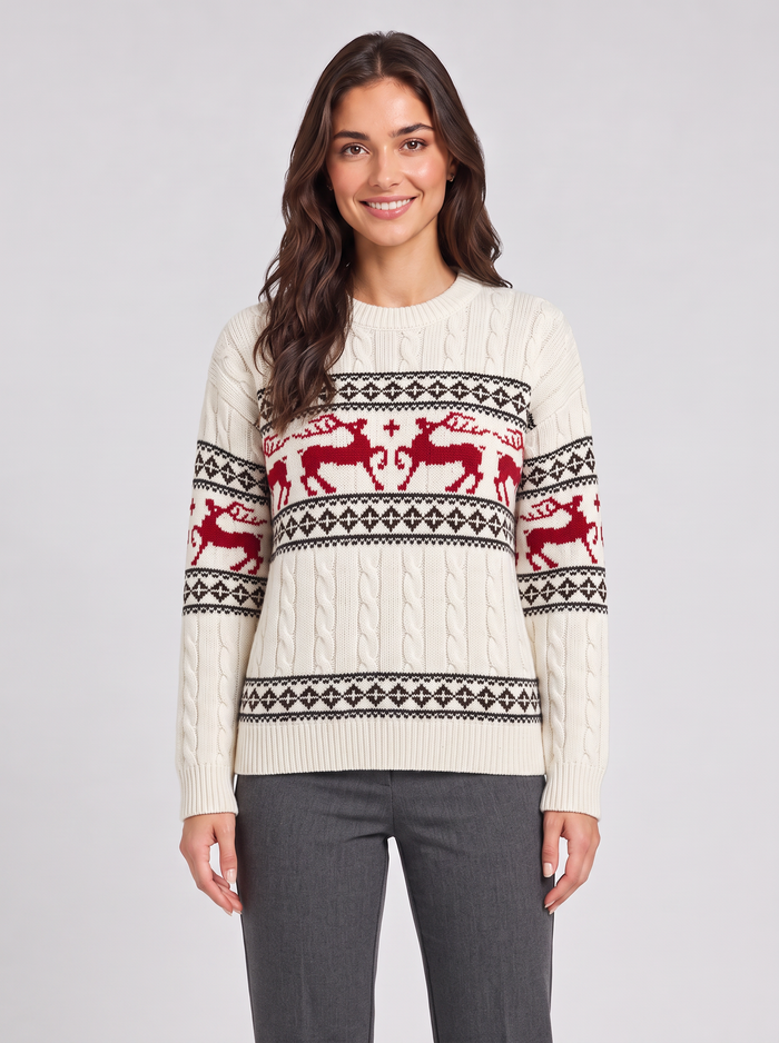 Women's Aran Cable Knit Christmas Jumper – Reindeer Fair Isle