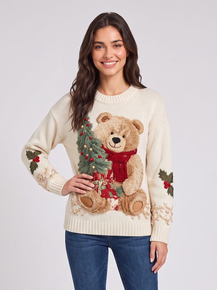 Women's Teddy Bear Christmas Sweater – Crewneck Knit Jumper with Tree Appliqué – Covert Club product image 1