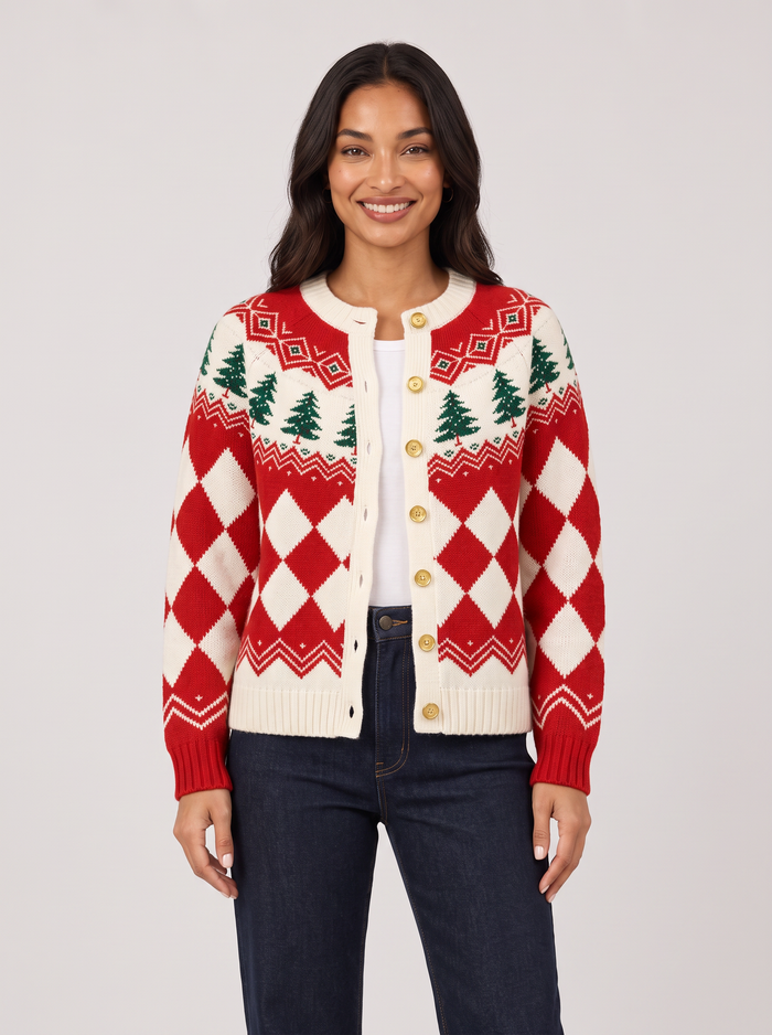 Women's Red Christmas Tree Cardigan – Button-Front Knit – Covert Club product image 1