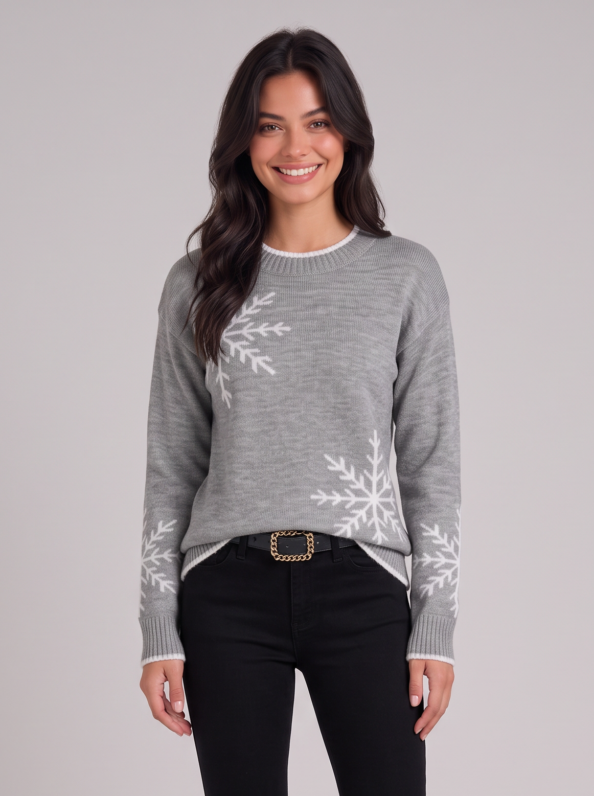 Women's Snowflake Knit Sweater – Grey Festive Crew Neck Jumper – Covert Club product image 1