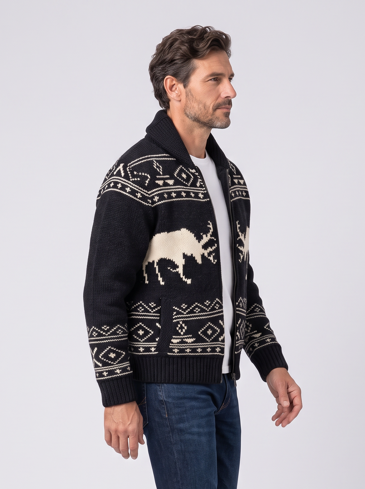 Men's Reindeer Knit Jacket – Nordic Shawl Collar Zip Cardigan – Covert Club product image 3
