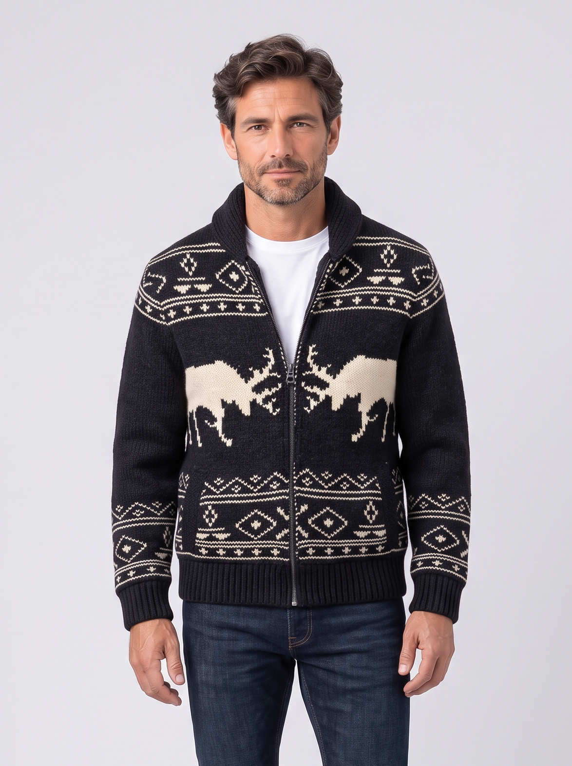 Men's Reindeer Knit Jacket – Nordic Shawl Collar Zip Cardigan – Covert Club product image 1