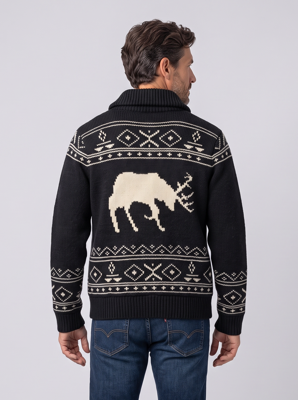 Men's Reindeer Knit Jacket – Nordic Shawl Collar Zip Cardigan – Covert Club product image 2