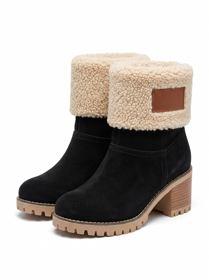 Women's Heat-Lined Ankle Boots – Sherpa Cuff Suede Block Heel Boots – Covert Club product image 1