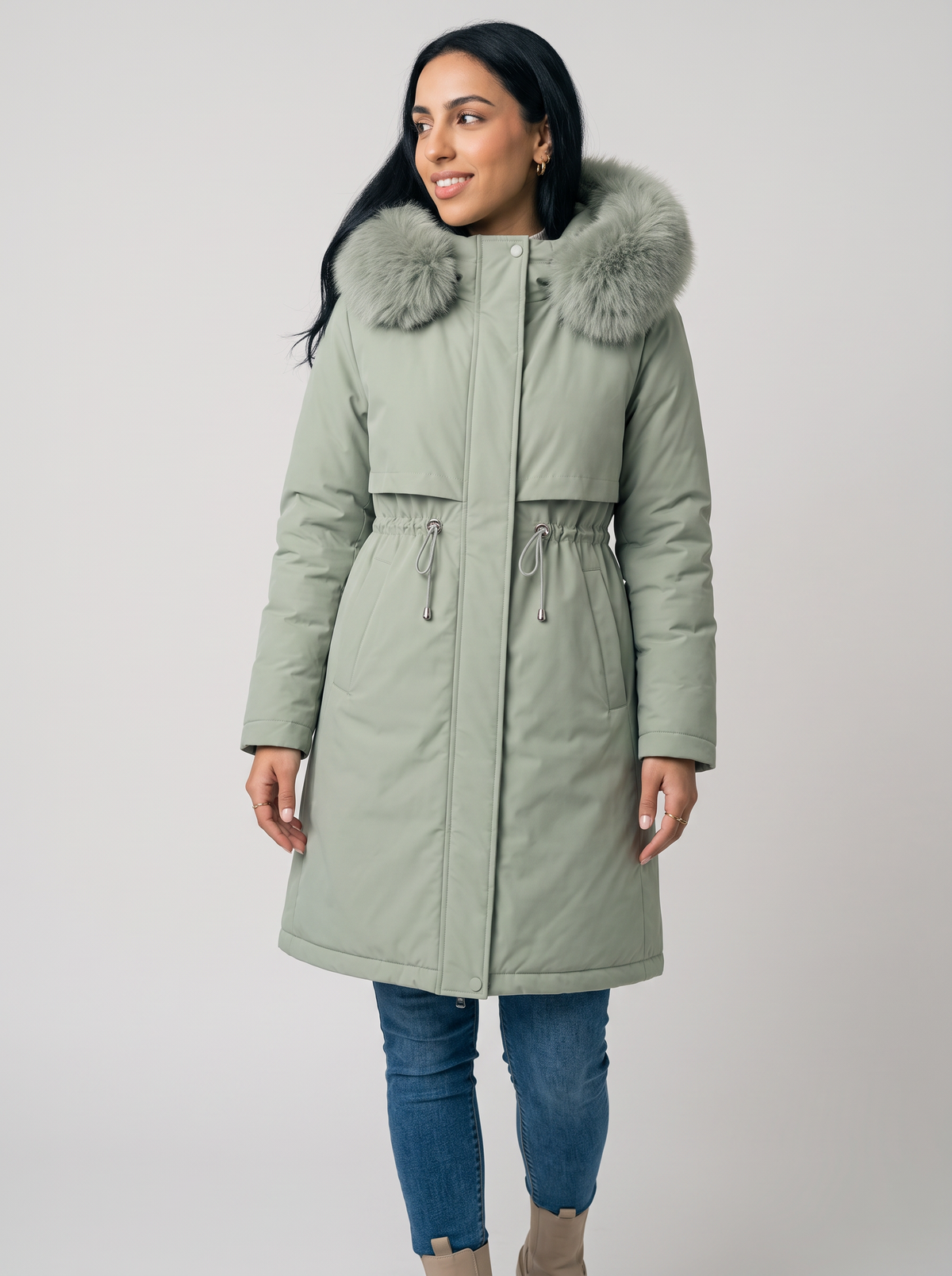 Women's Long Hooded Winter Coat – Faux Fur Trim Drawstring Parka – Covert Club product image 7