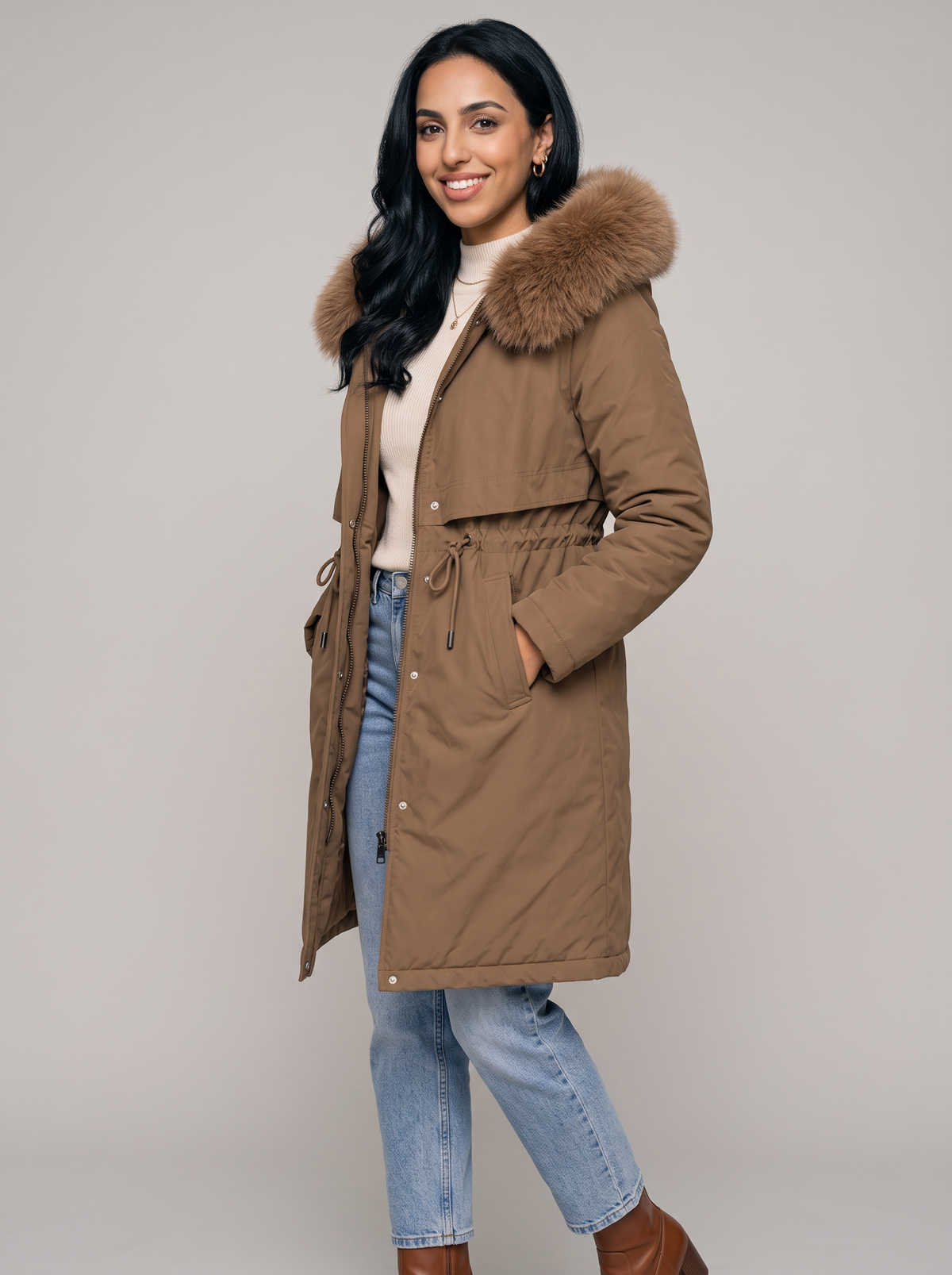 Women's Long Hooded Winter Coat – Faux Fur Trim Drawstring Parka – Covert Club product image 5