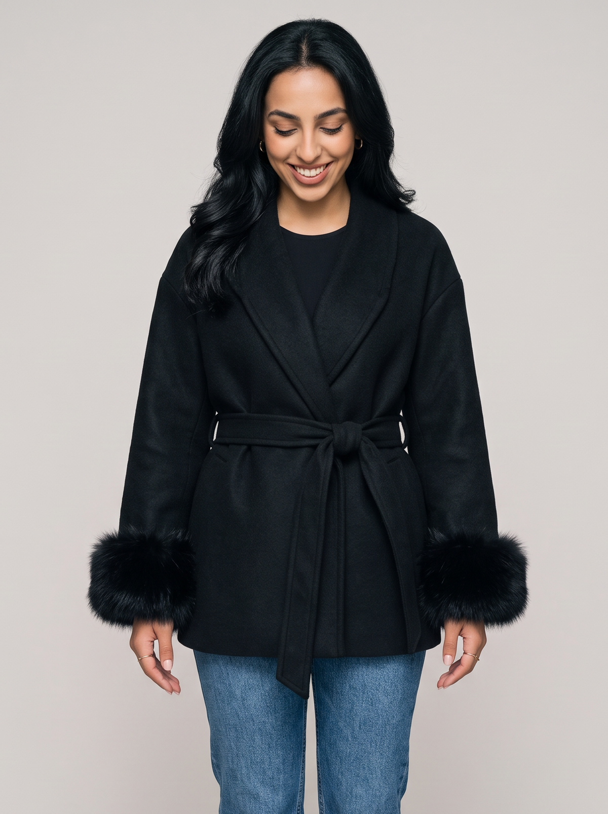 Women's Belted Wool Blend Coat – Faux Fur Trim Wrap Coat – Covert Club product image 7