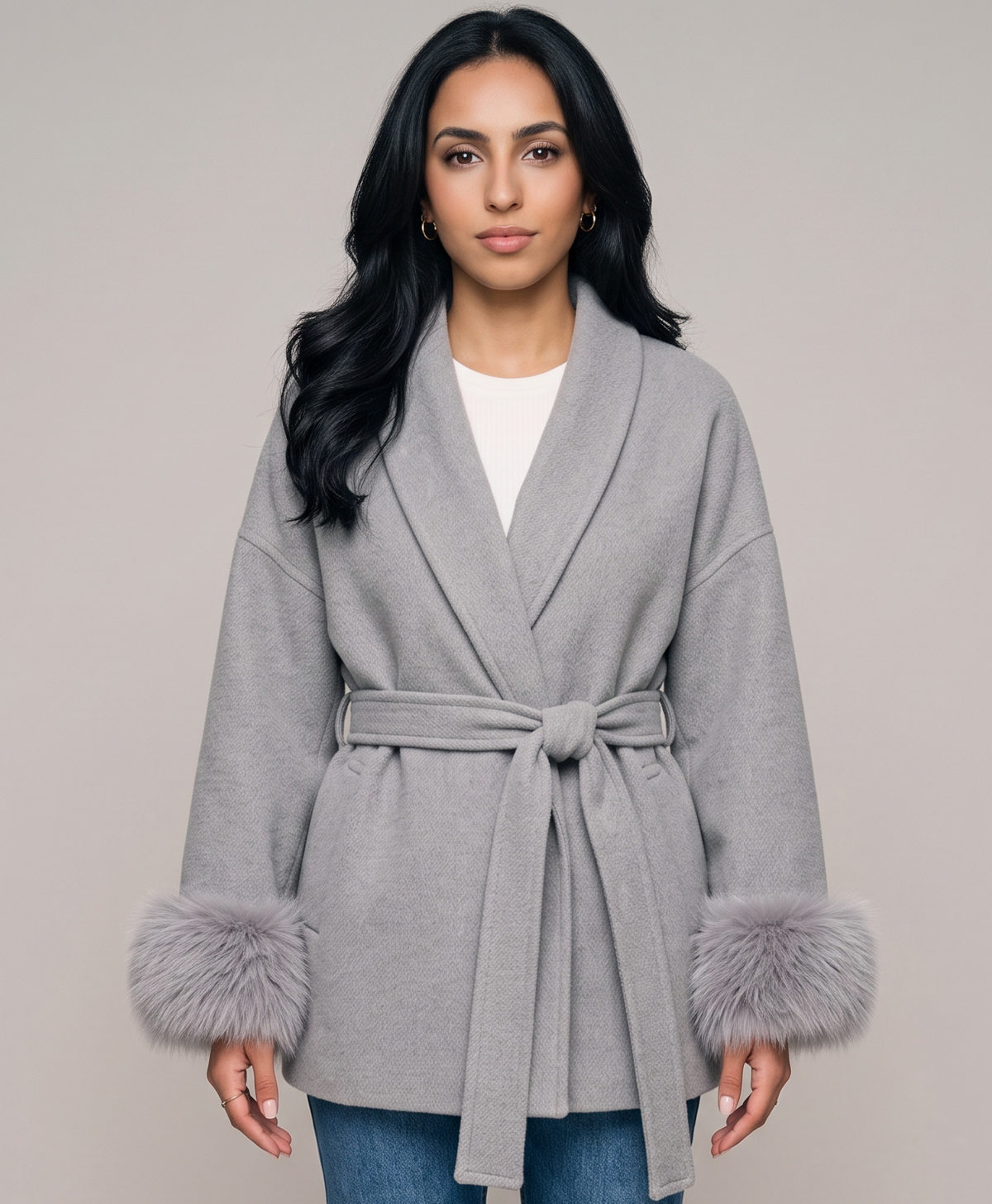 Women's Belted Wool Blend Coat – Faux Fur Trim Wrap Coat – Covert Club product image 1