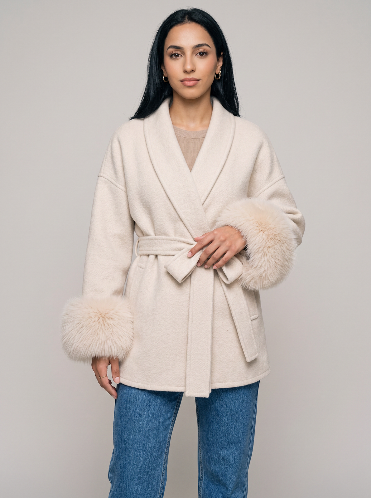 Women's Belted Wool Blend Coat – Faux Fur Trim Wrap Coat – Covert Club product image 6
