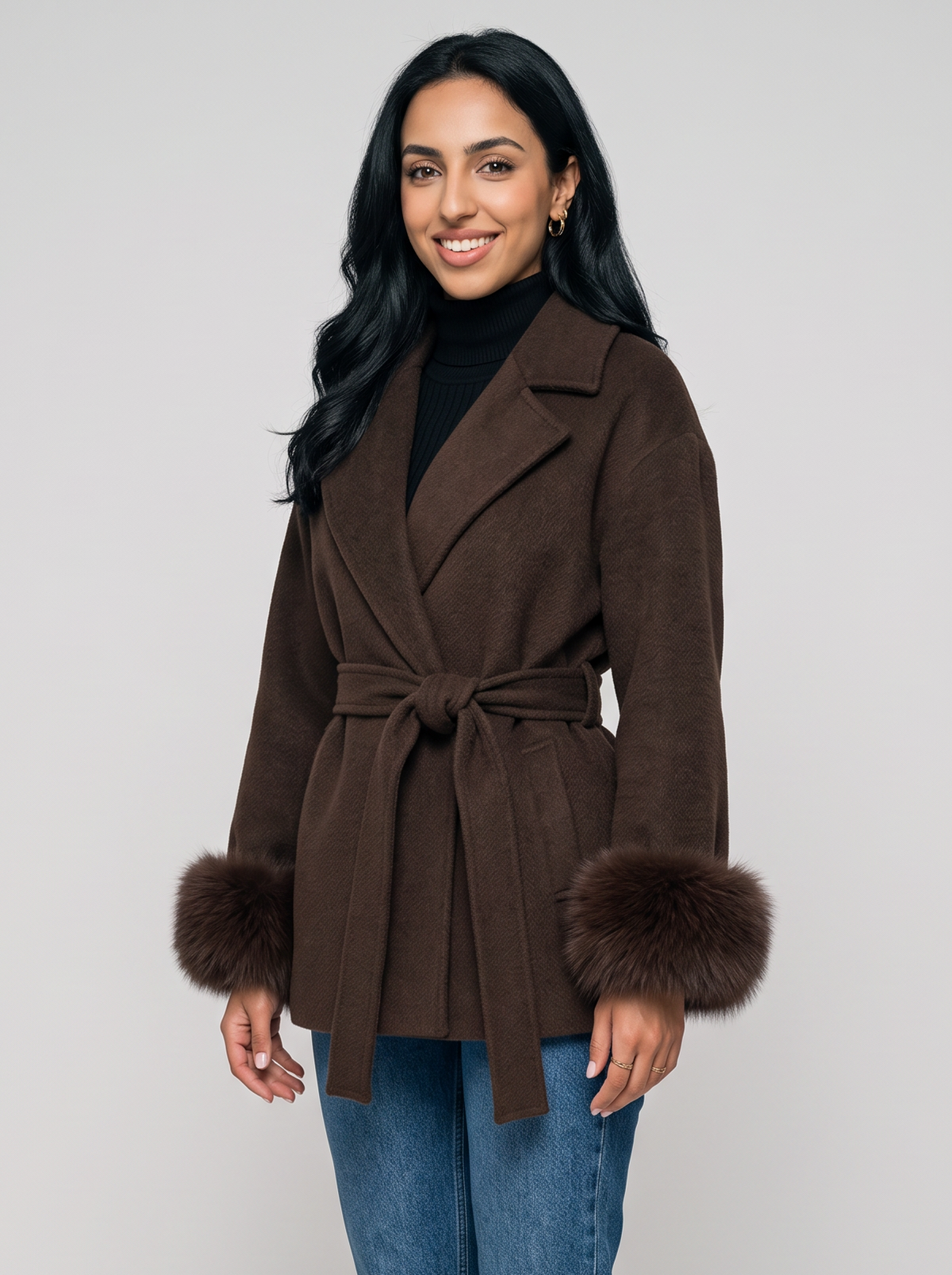 Women's Belted Wool Blend Coat – Faux Fur Trim Wrap Coat – Covert Club product image 5