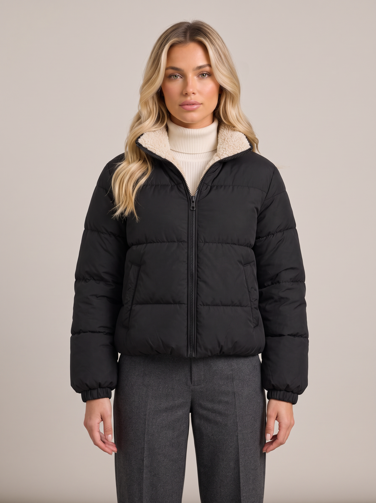 Women's Cropped Quilted Jacket – Sherpa-Lined Stand Collar, Full Zip – Covert Club product image 1
