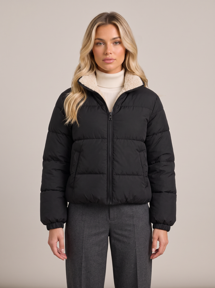 Women's Cropped Quilted Jacket – Sherpa-Lined Stand Collar, Full Zip – Covert Club product image 1