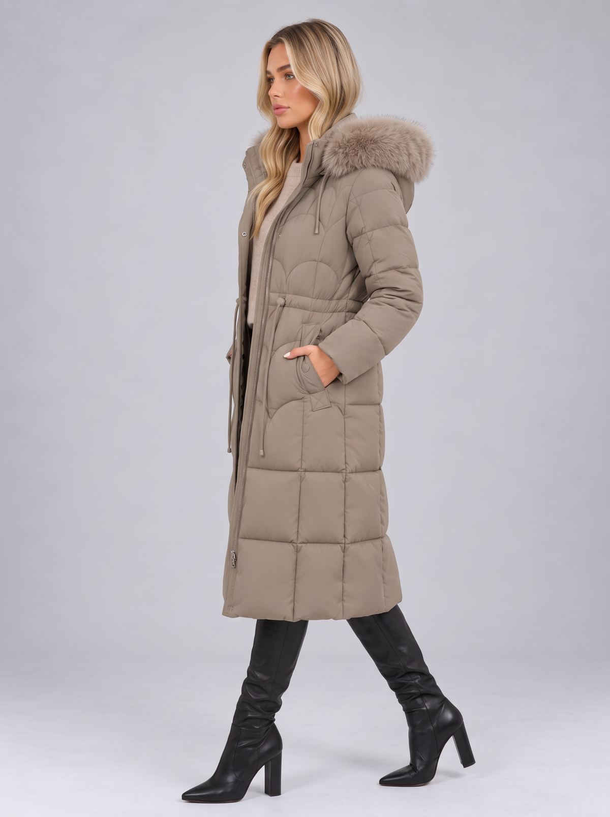 Women's Longline Quilted Puffer Coat – Faux Fur Hooded Winter Coat – Covert Club product image 3