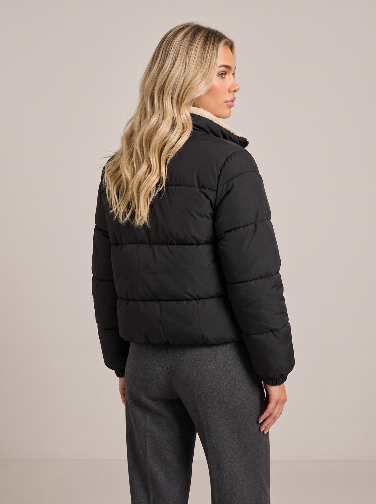 Women's Cropped Quilted Jacket – Sherpa-Lined Stand Collar, Full Zip – Covert Club product image 2
