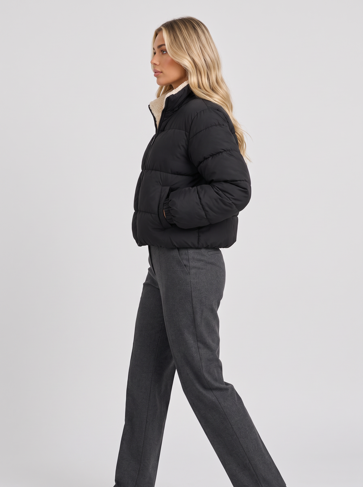 Women's Cropped Quilted Jacket – Sherpa-Lined Stand Collar, Full Zip – Covert Club product image 3