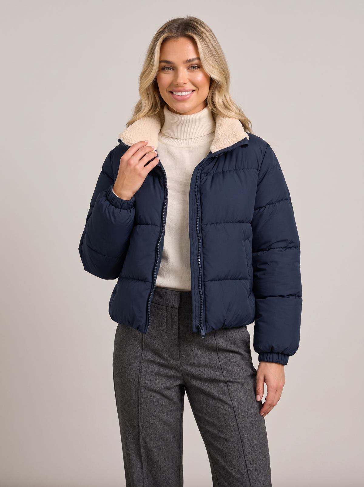 Women's Cropped Quilted Jacket – Sherpa-Lined Stand Collar, Full Zip – Covert Club product image 5