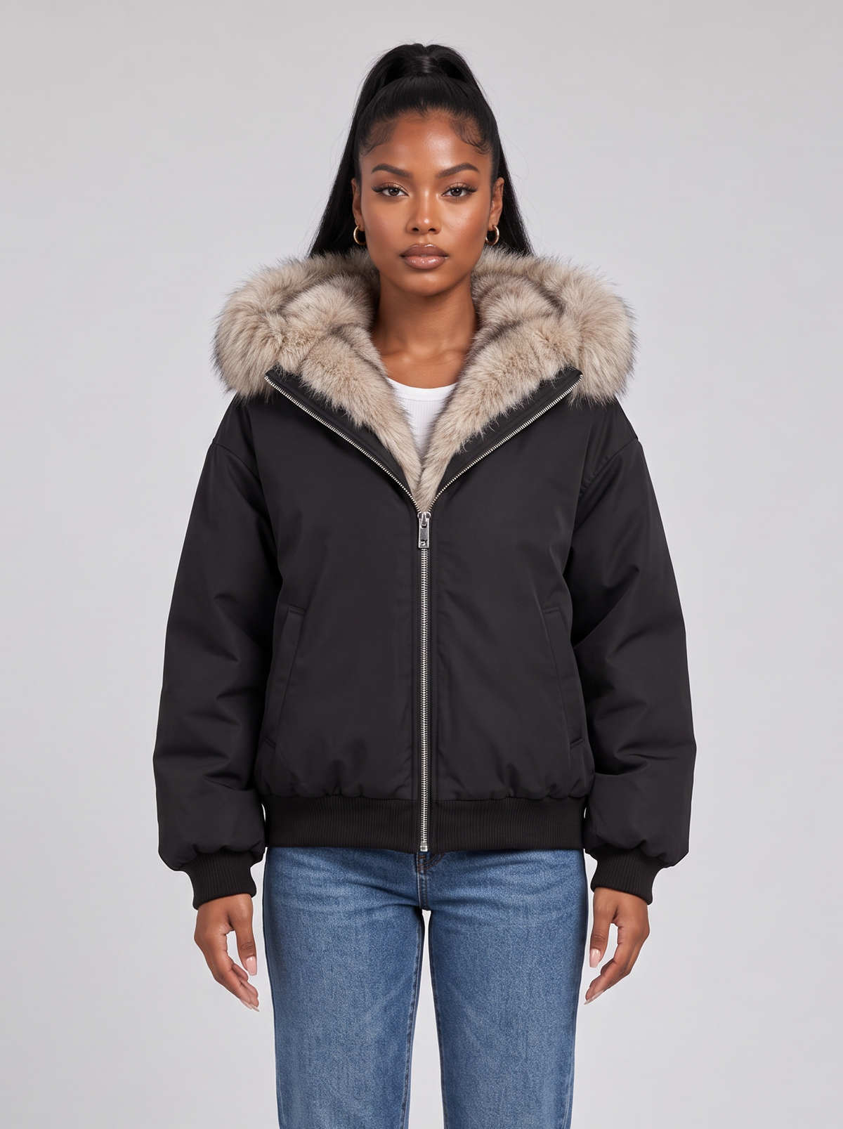 Women's Hooded Puffer Bomber Jacket – Faux Fur Trim, Full Zip – Covert Club product image 1