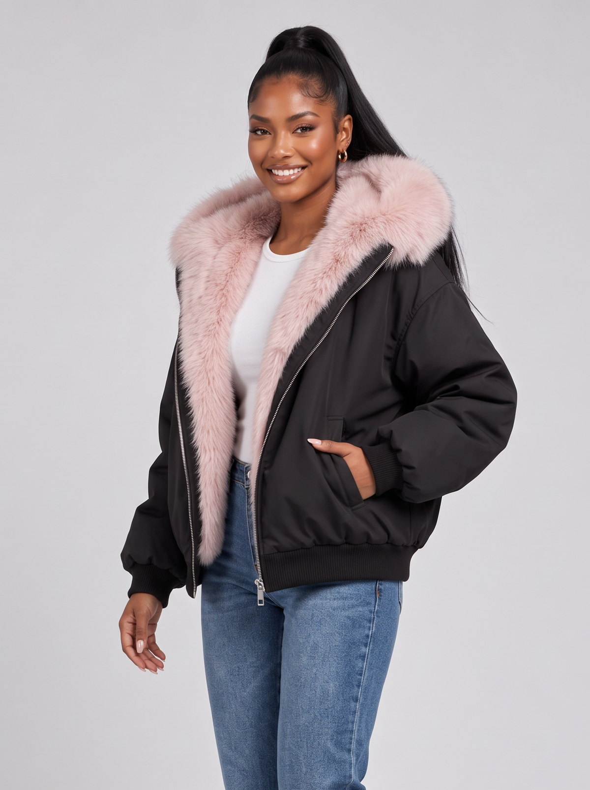 Women's Hooded Puffer Bomber Jacket – Faux Fur Trim, Full Zip – Covert Club product image 5