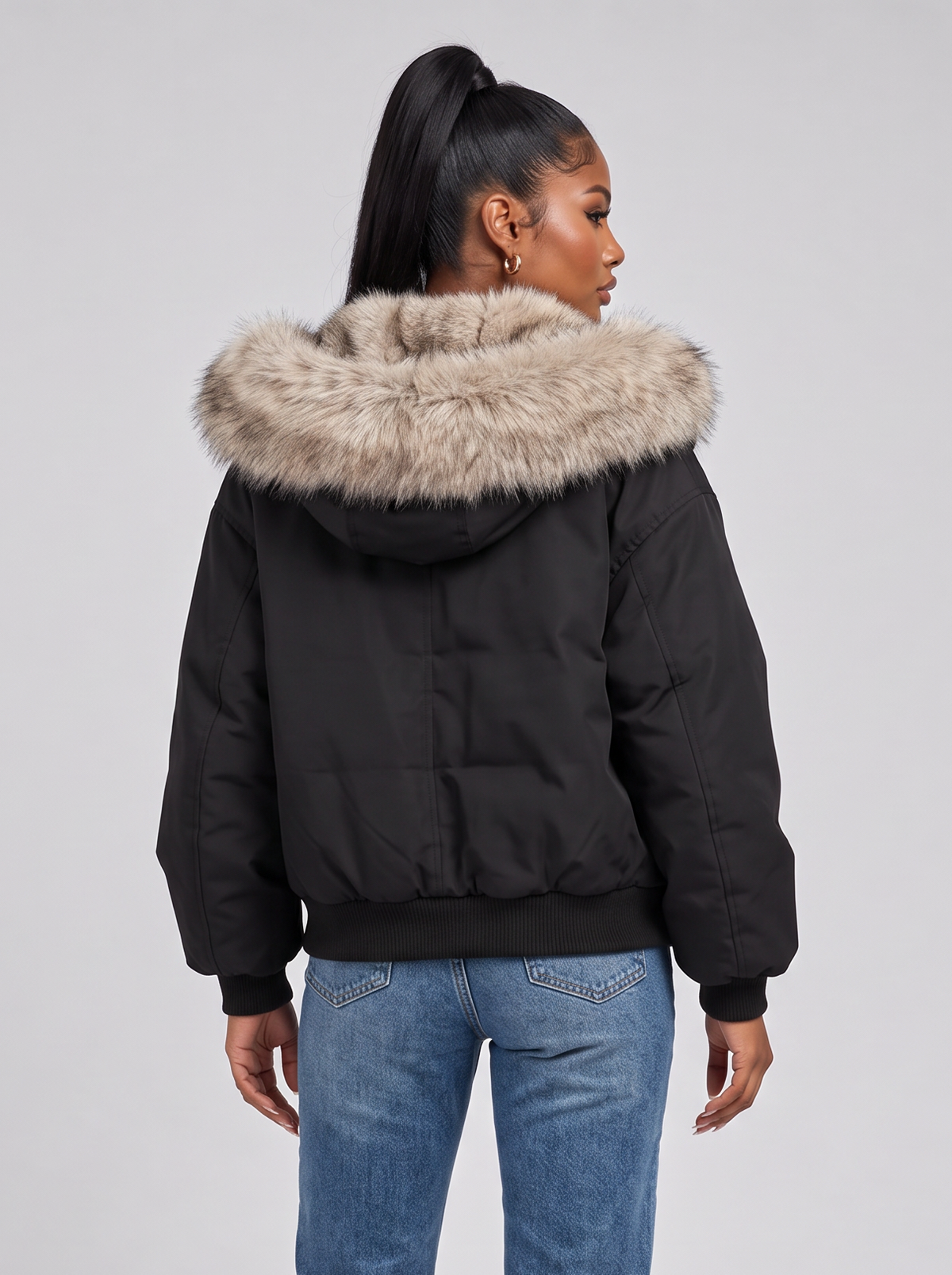 Women's Hooded Puffer Bomber Jacket – Faux Fur Trim, Full Zip – Covert Club product image 2