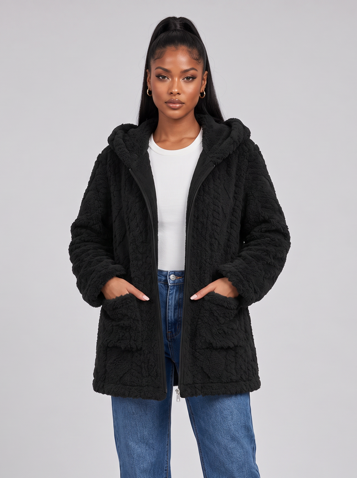 Women's Hooded Teddy Fleece Jacket – Faux Sherpa Zip-Up Jacket – Covert Club product image 1