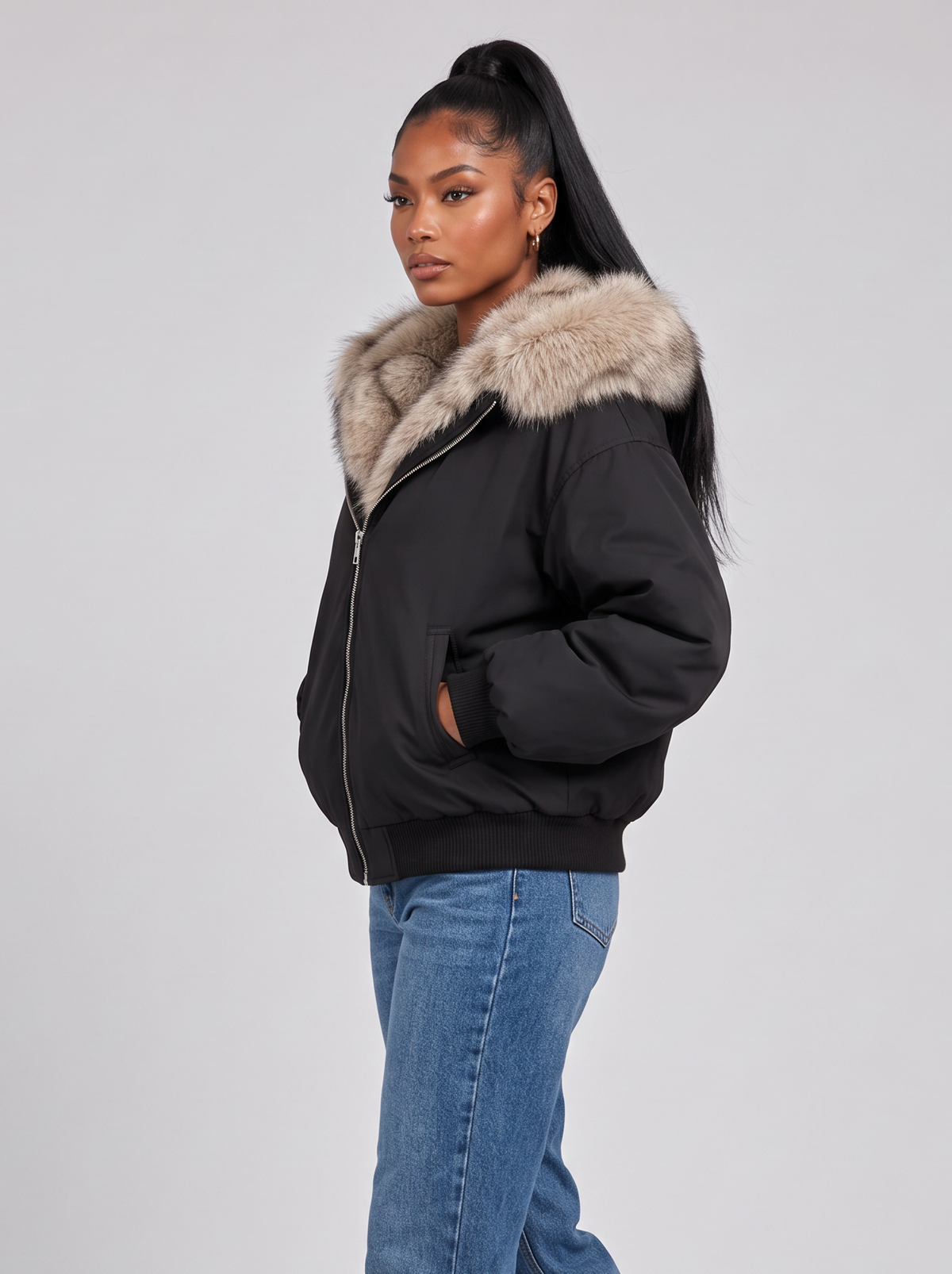 Women's Hooded Puffer Bomber Jacket – Faux Fur Trim, Full Zip – Covert Club product image 3