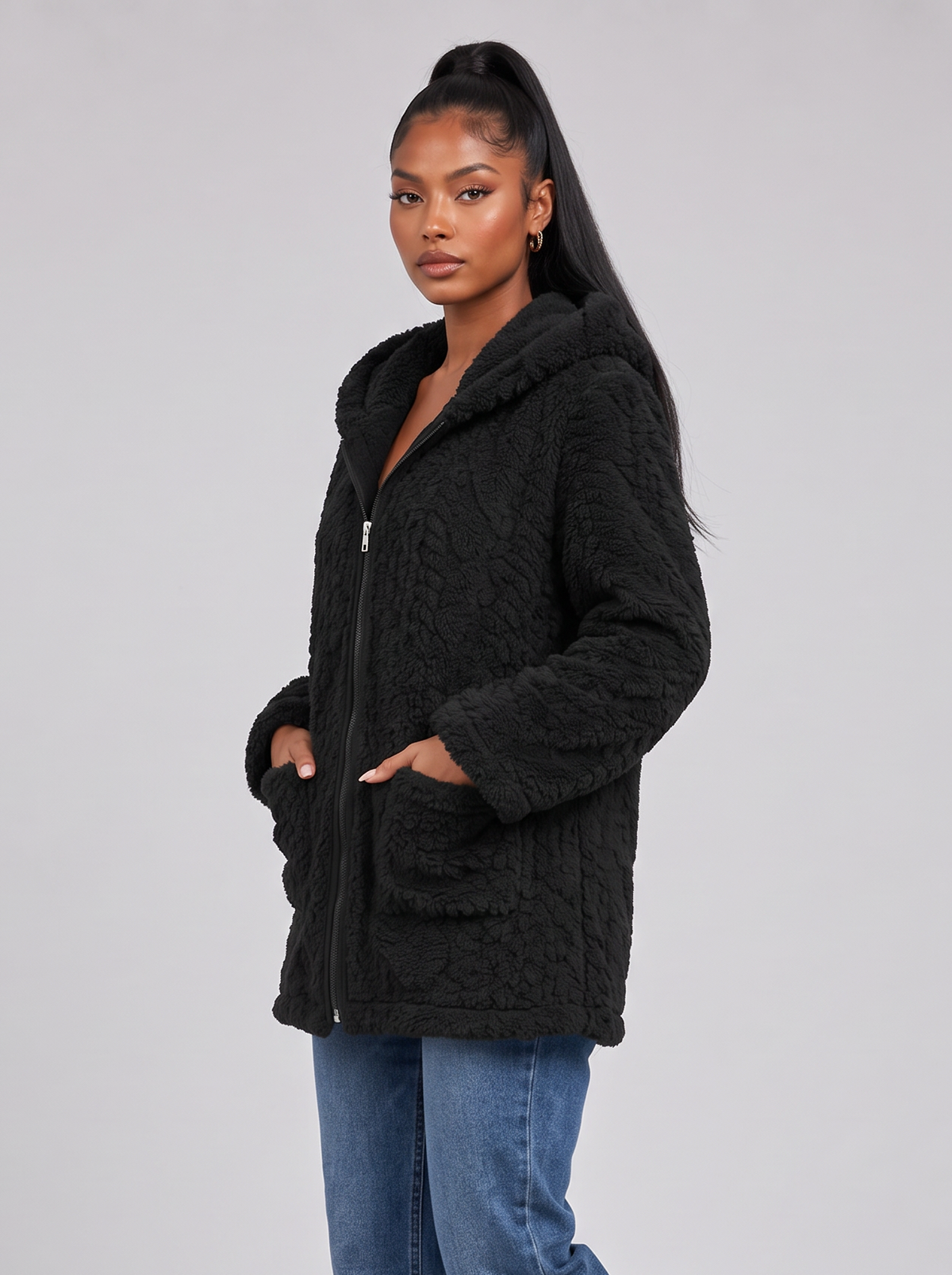Women's Hooded Teddy Fleece Jacket – Faux Sherpa Zip-Up Jacket – Covert Club product image 3