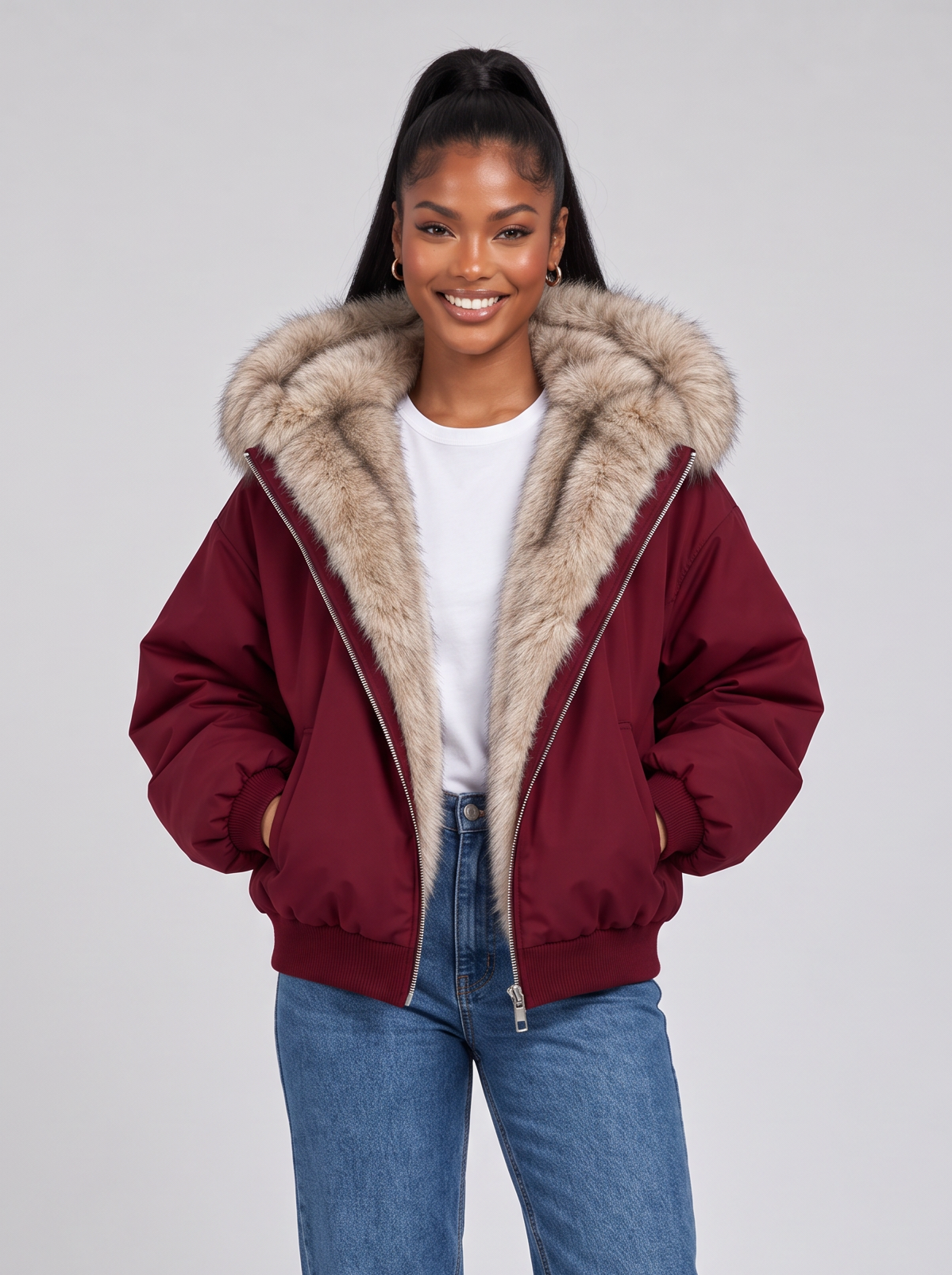 Women's Hooded Puffer Bomber Jacket – Faux Fur Trim, Full Zip – Covert Club product image 7