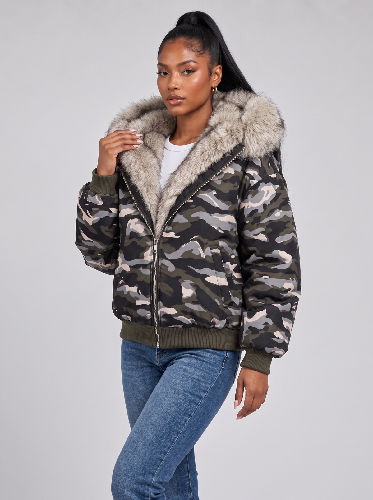 Women's Hooded Puffer Bomber Jacket – Faux Fur Trim, Full Zip – Covert Club product image 8