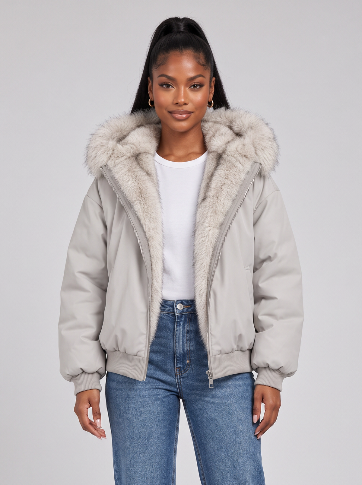 Women's Hooded Puffer Bomber Jacket – Faux Fur Trim, Full Zip – Covert Club product image 6