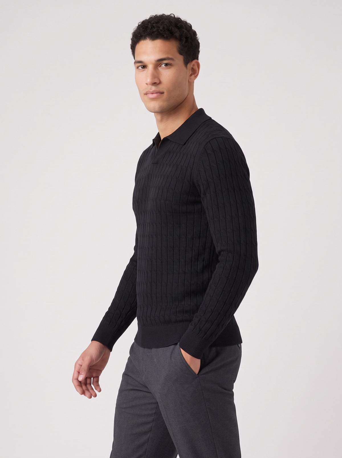 Men's Muscle Fit Knitted Polo Jumper – Long Sleeve Polo Sweater – Covert Club product image 3