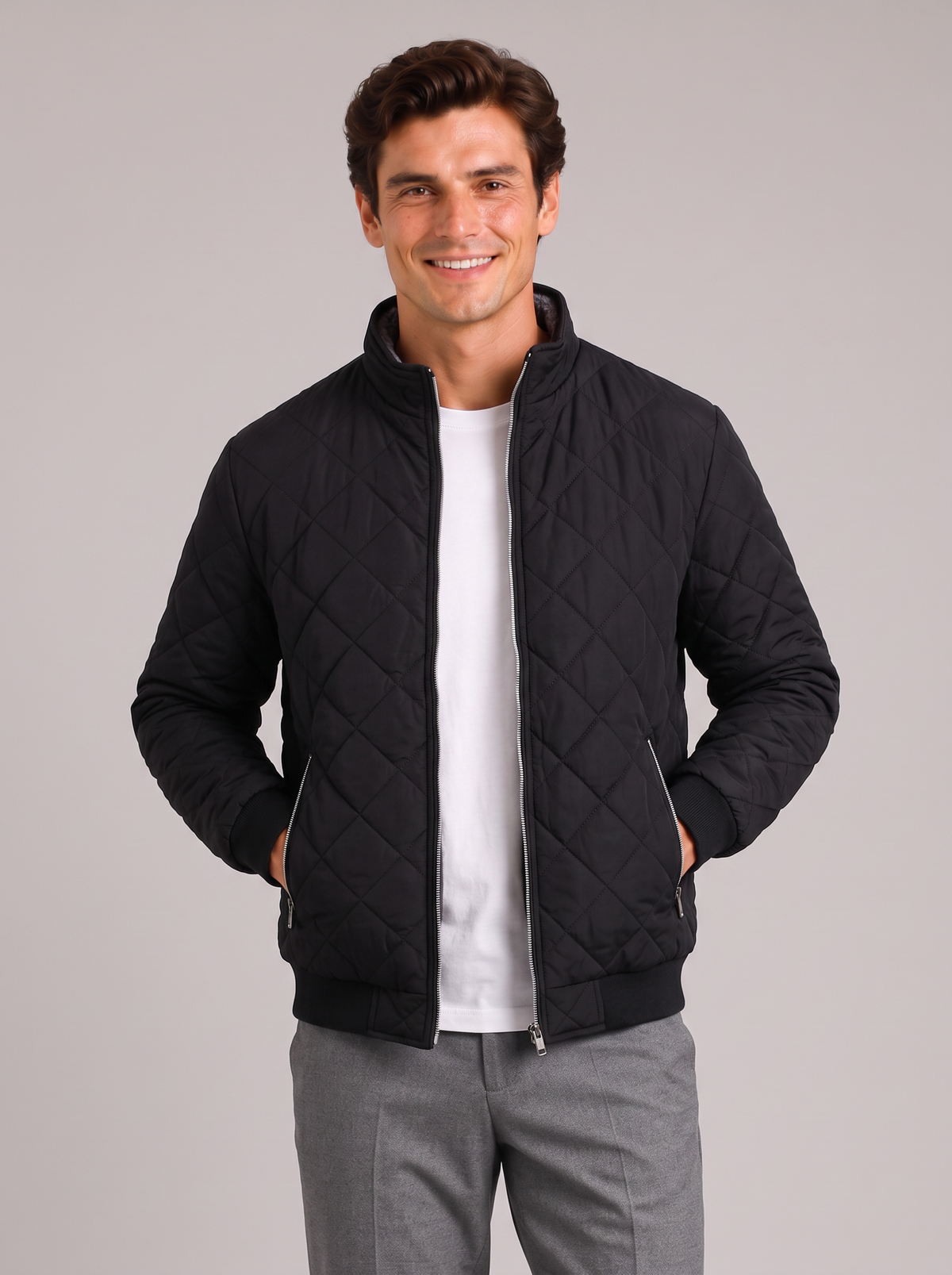 Men's Diamond Quilted Jacket – Stand Collar Zip-Up Bomber – Covert Club product image 1