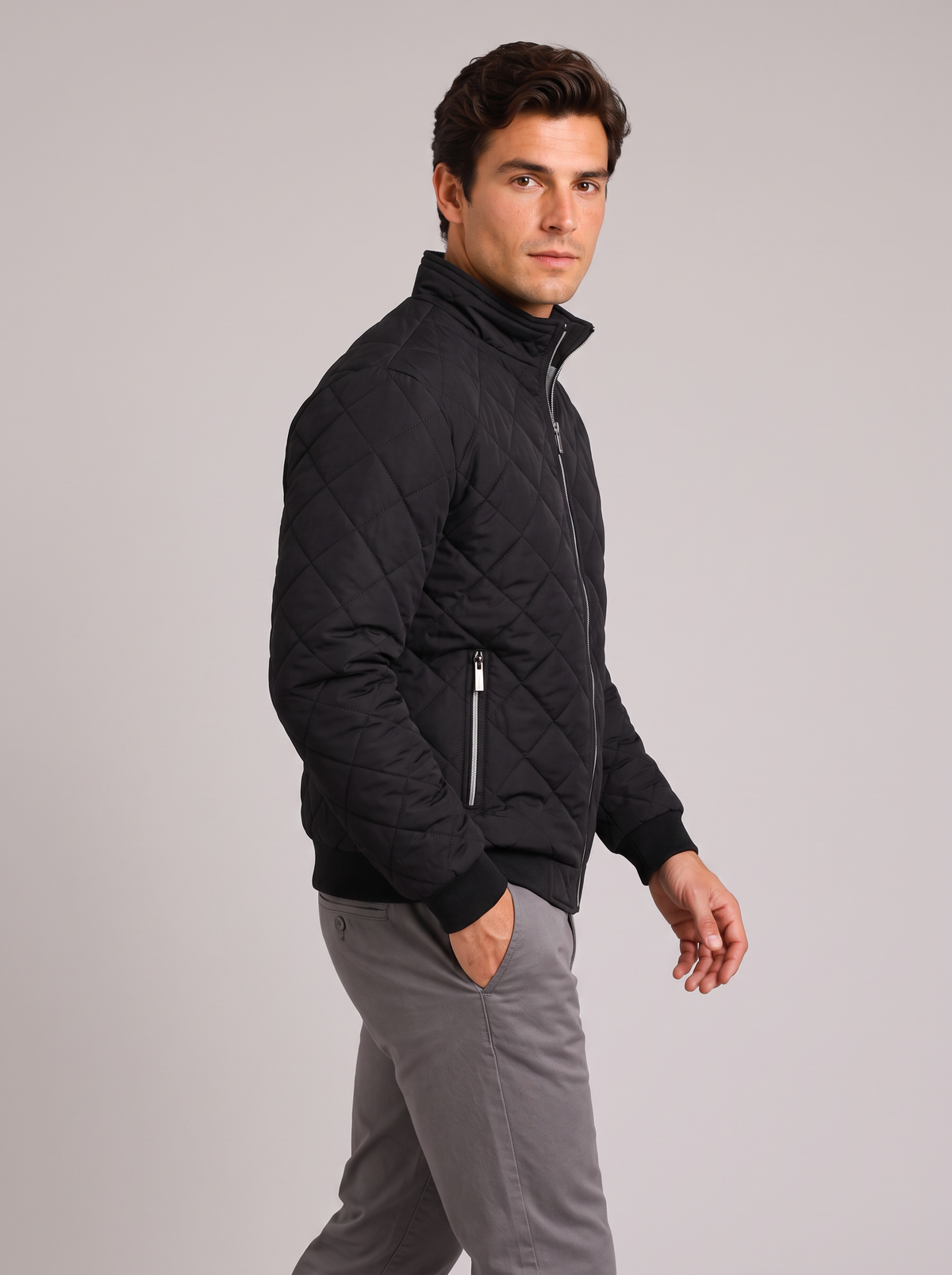 Men's Diamond Quilted Jacket – Stand Collar Zip-Up Bomber – Covert Club product image 3