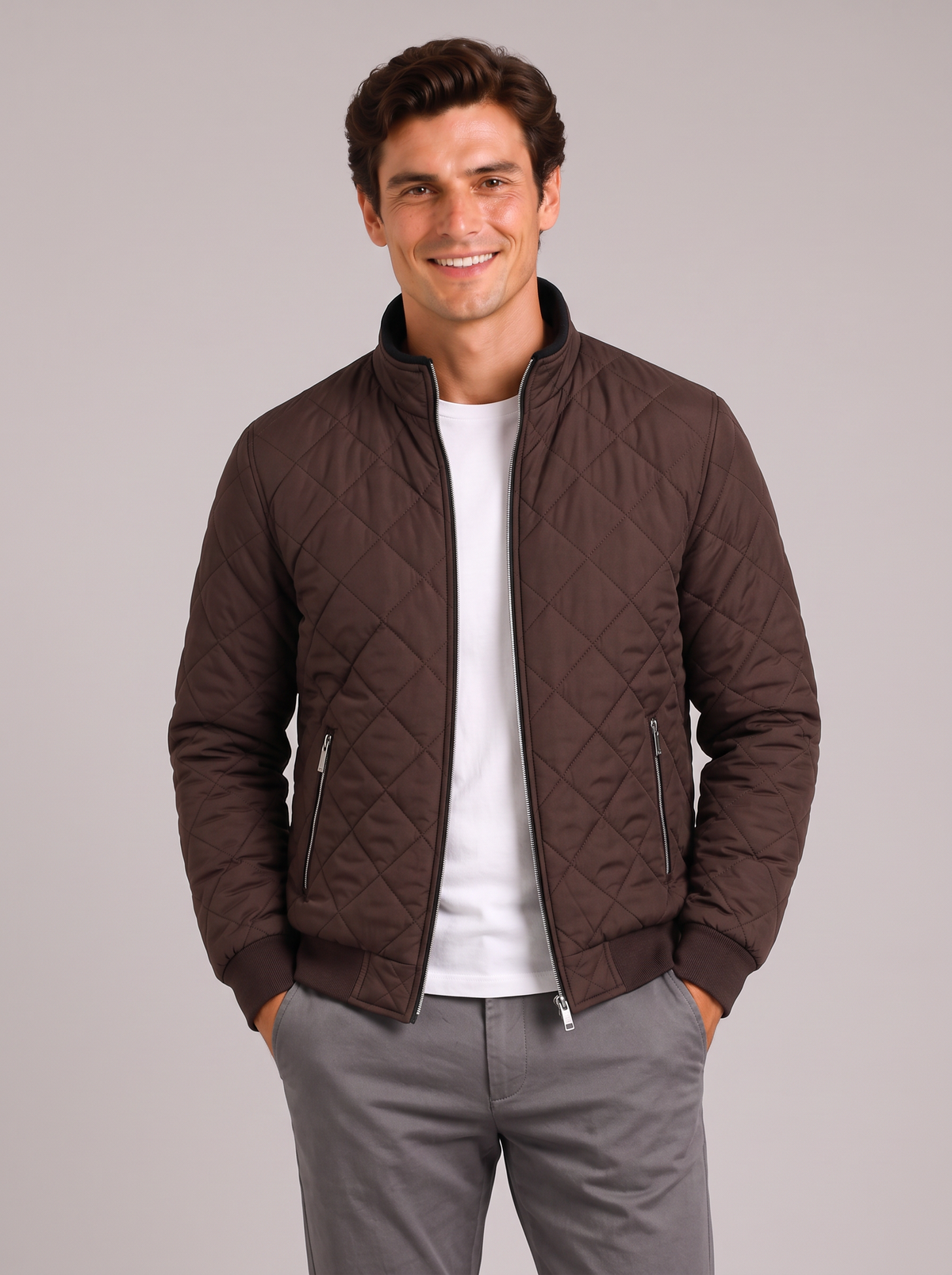Men's Diamond Quilted Jacket – Stand Collar Zip-Up Bomber – Covert Club product image 6