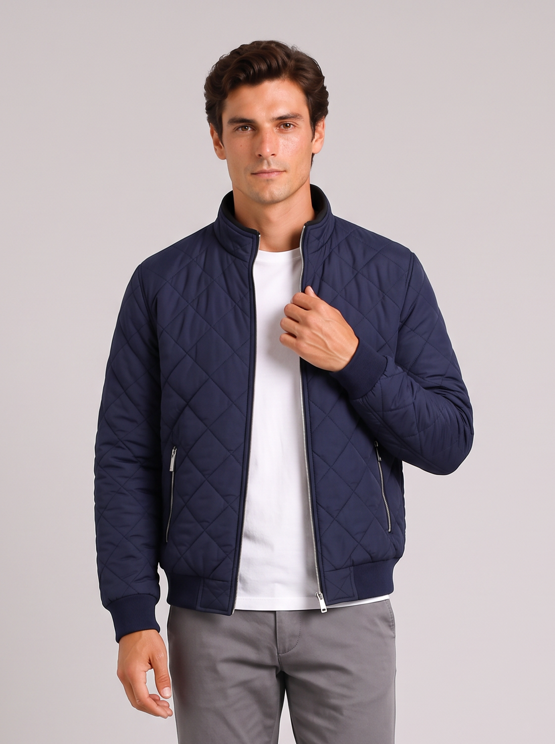 Men's Diamond Quilted Jacket – Stand Collar Zip-Up Bomber – Covert Club product image 7
