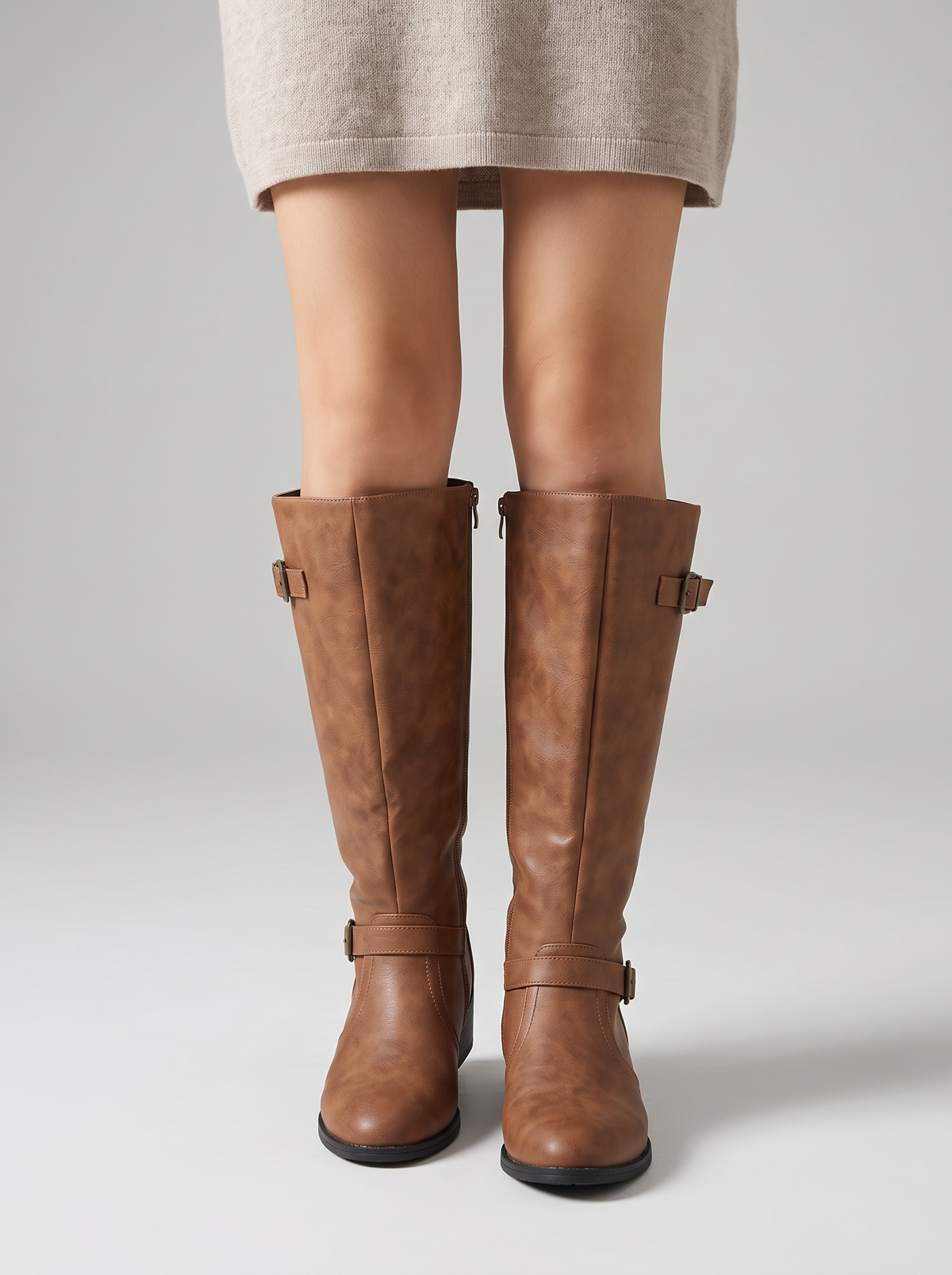 Women's Knee High Boots – Brown Buckle Boots with Block Heel & Side Zip – Covert Club product photo 1