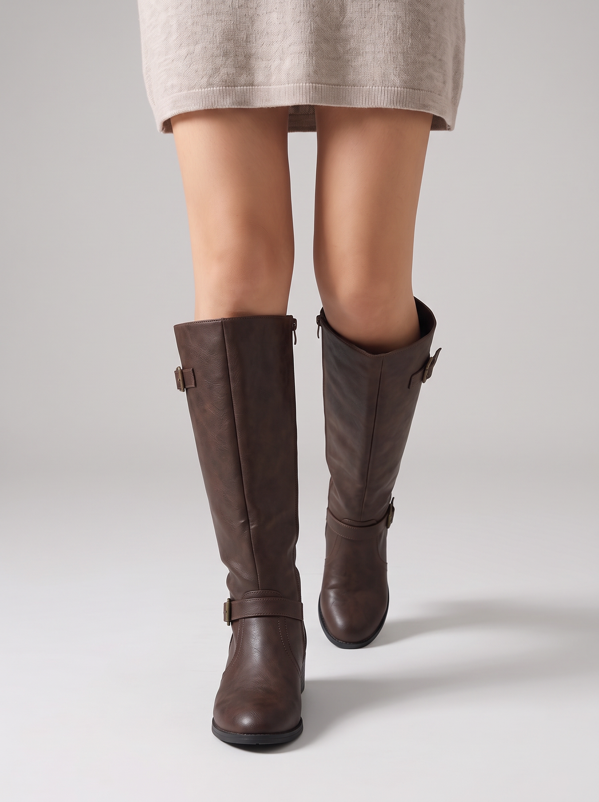 Women's Knee High Boots – Brown Buckle Boots with Block Heel & Side Zip – Covert Club product photo 5