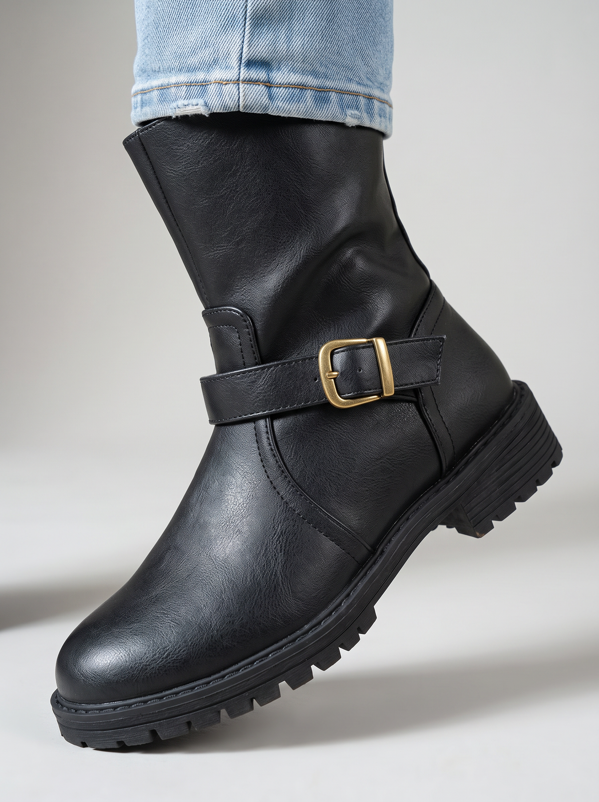 Women's Buckle Boots – Retro Black Faux Leather Boots with Comfortable Fit – Covert Club product photo 4